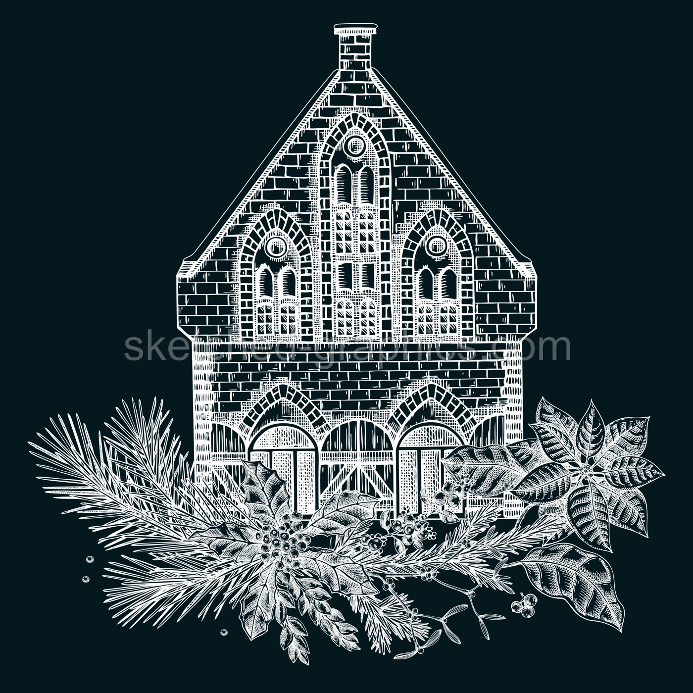 Vintage Christmas card design. European architecture sketch. Old brick house drawing on chalkboard. Winter trees hand-drawn vector illustration. NOT AI generated Illustration